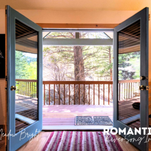 a door open to a deck